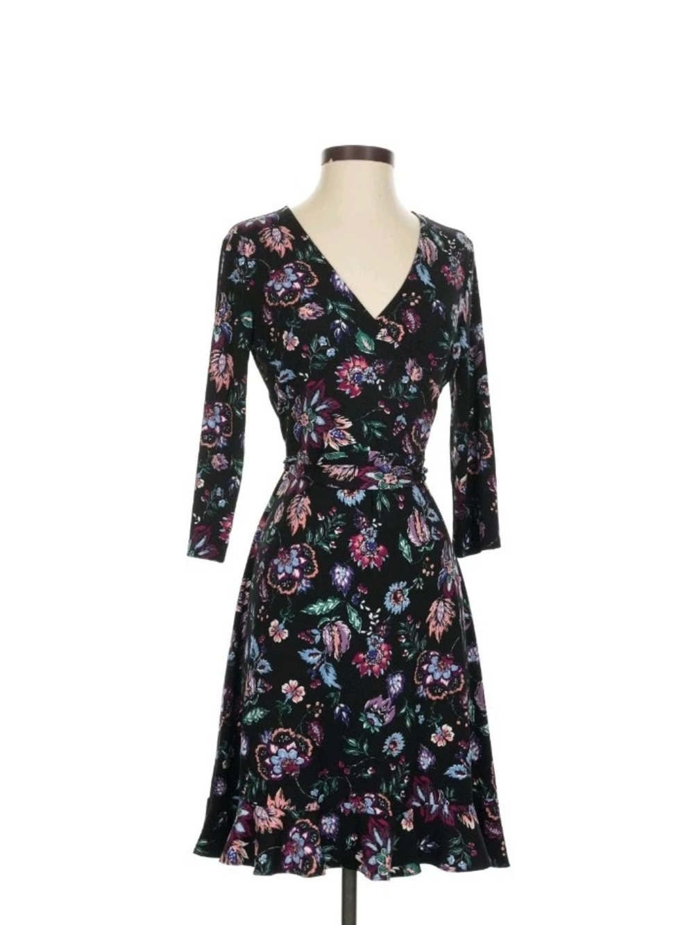 Leota Floral Wrap Dress Women’s Size M Black Boho V-Neck 3/4 Sleeve Fit & Flare